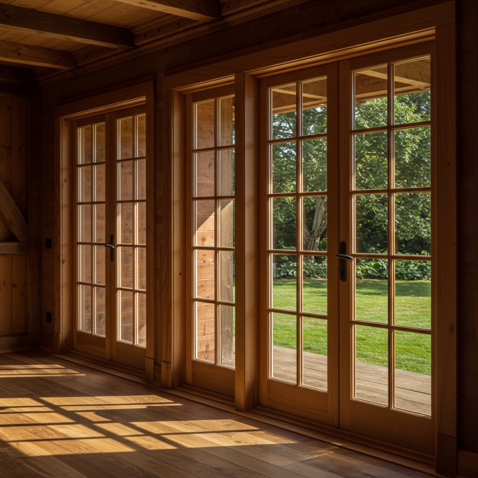 Timber-framed glazed doors running the length of an oak-floored room