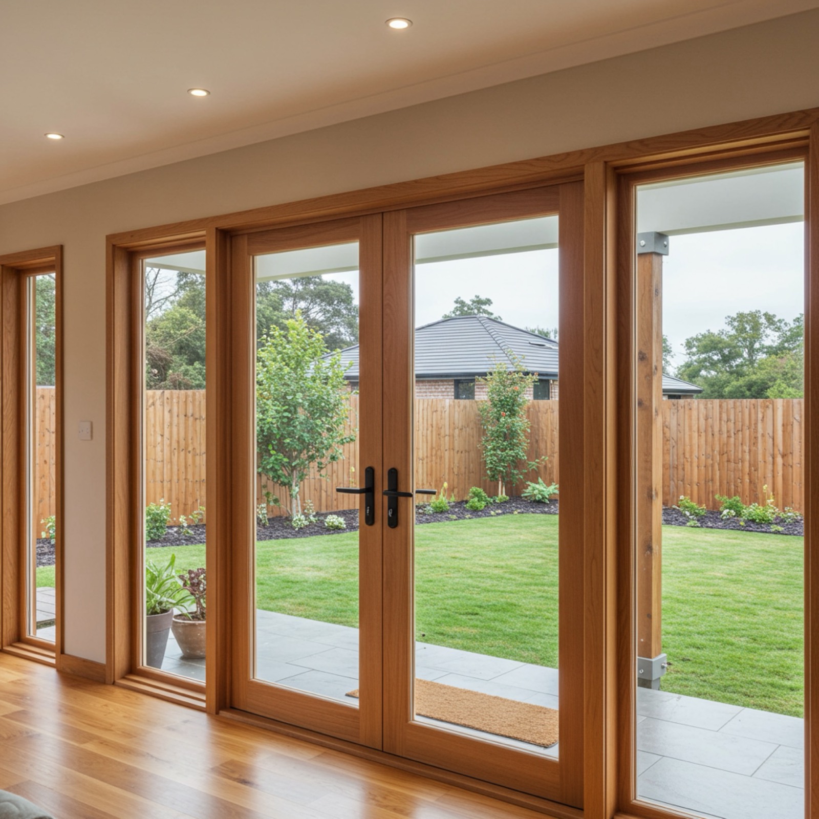 Timber-framed French doors opening onto a lawned garden