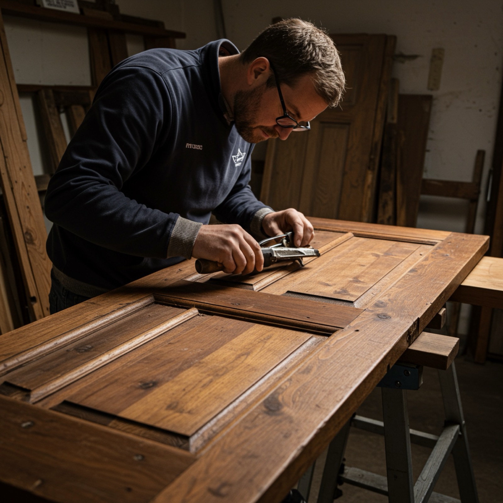 Joiner measuring and marking a timber door panel at the workbench