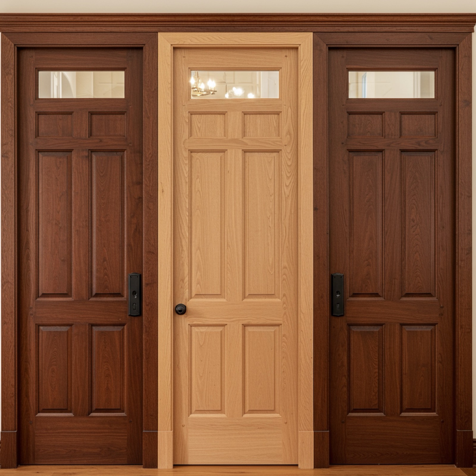 Three panelled hardwood doors in mahogany and natural oak