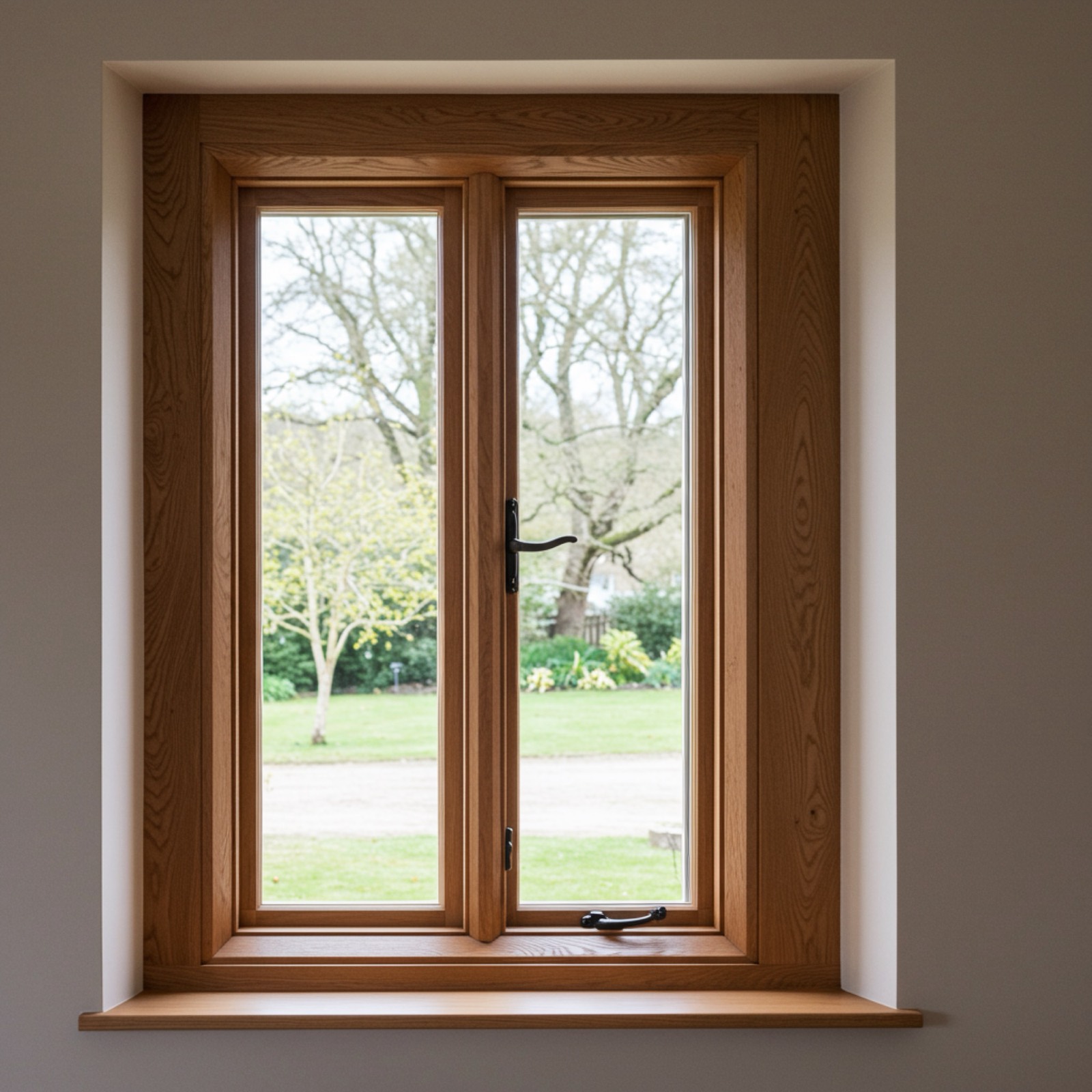 Oak casement window set into a deep painted reveal