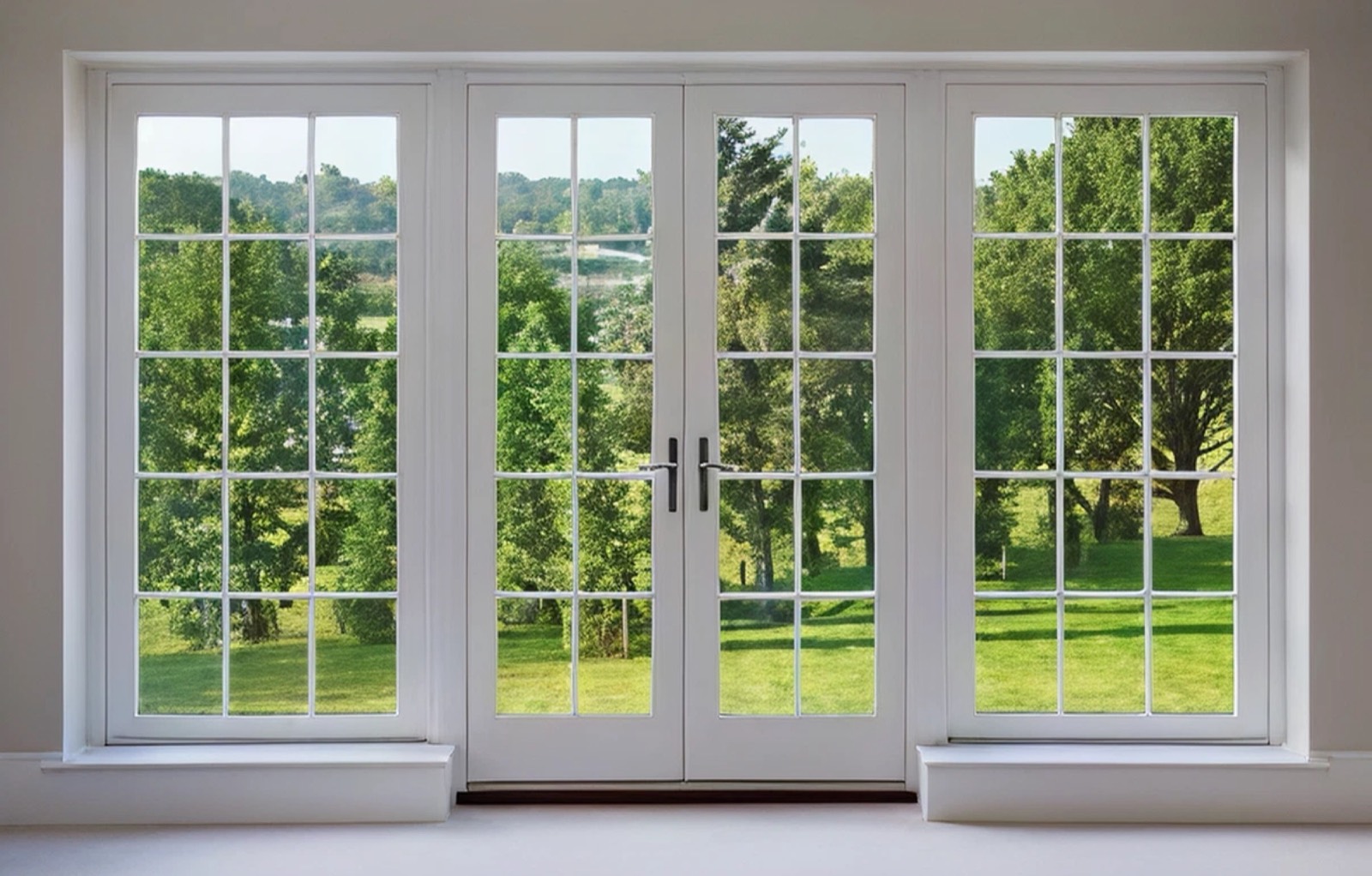 White timber French doors with matching side windows opening to a garden