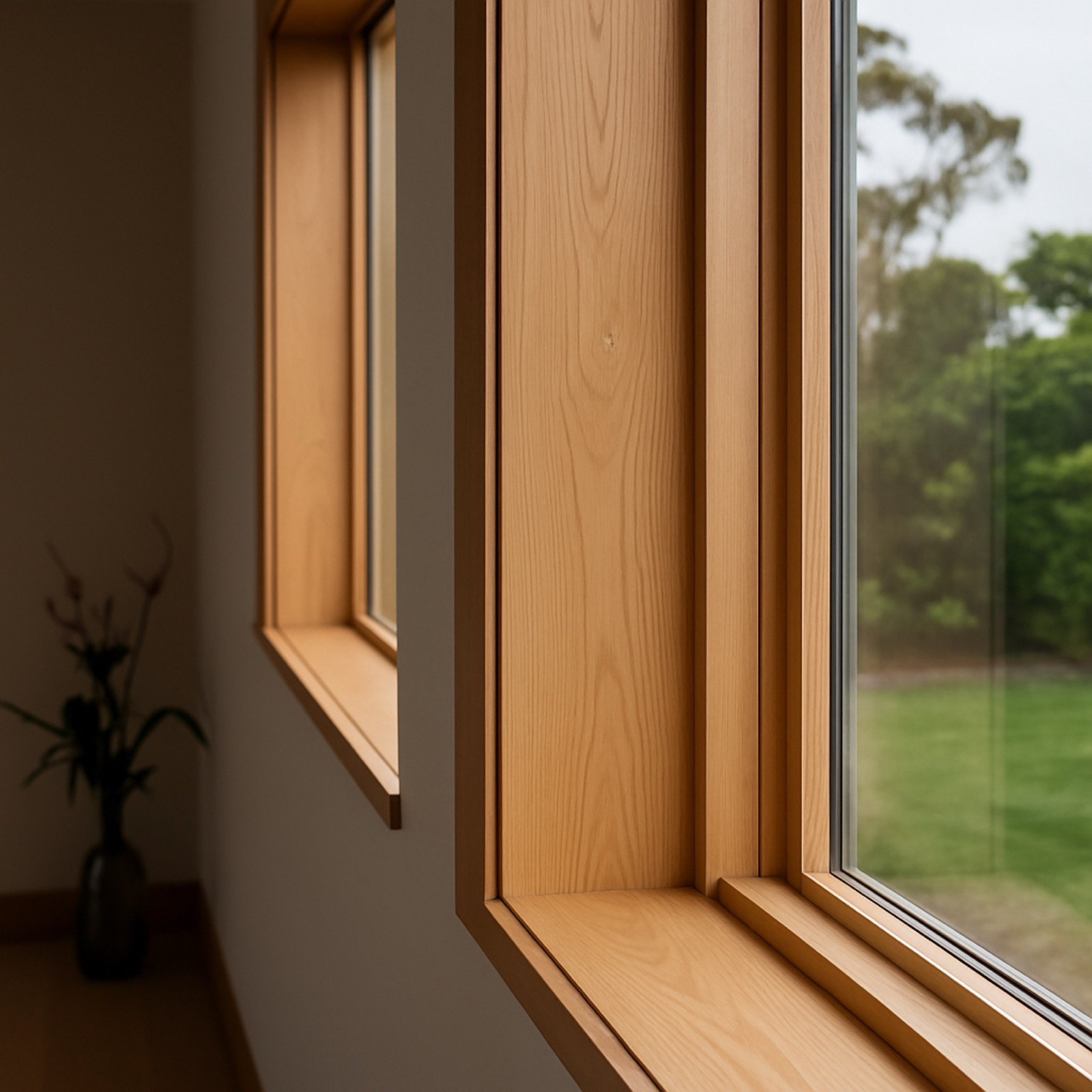 Natural oak casement window with deep timber reveal