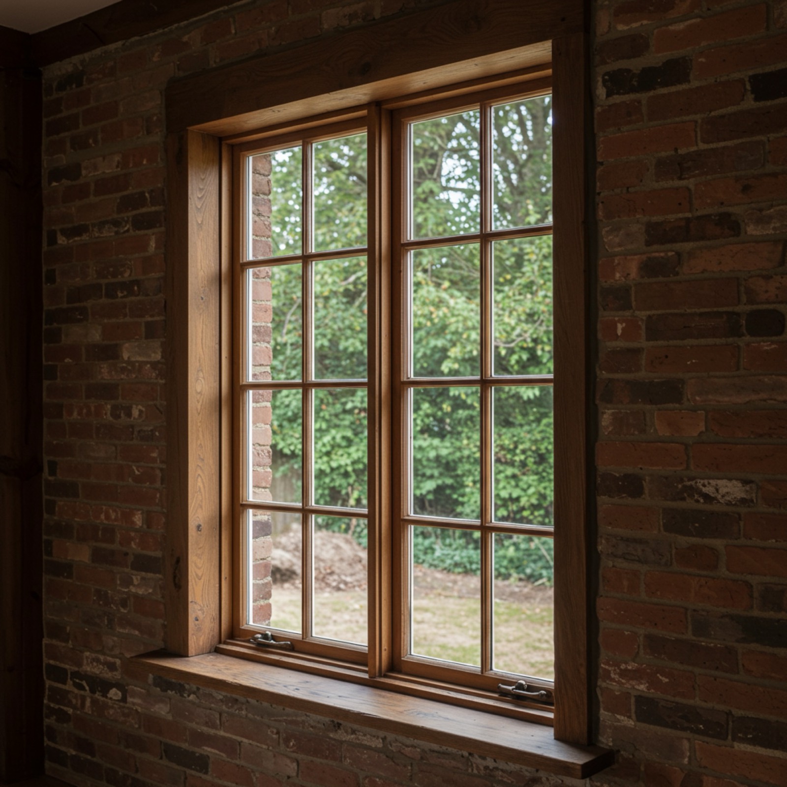 Multi-pane timber window set into an exposed brick wall